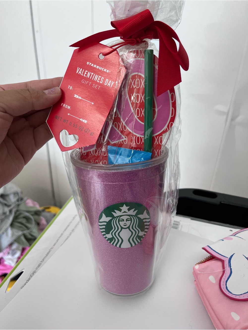 Starbucks Pink Glitter Tumbler Gift Bundle with Red Accents